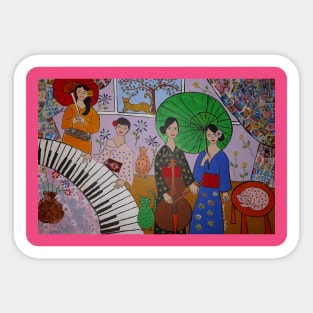 Japanese Geisha Women, A Piano, Cello and Colourful Cats Sticker